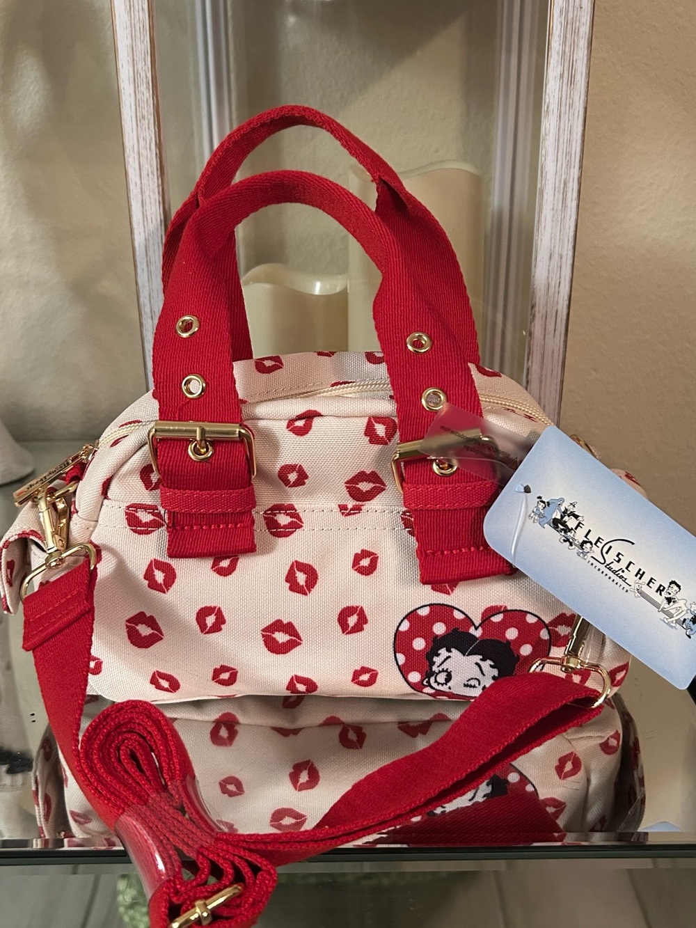 Betty Boop Cream Crossbody Satchel with Red Kiss Print